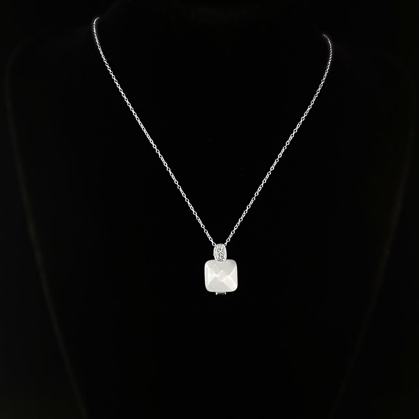 Elegant Dainty Sterling Silver Necklace with Square Milky Crystal Pendant w/ Clear Crystal Accents- Genevive