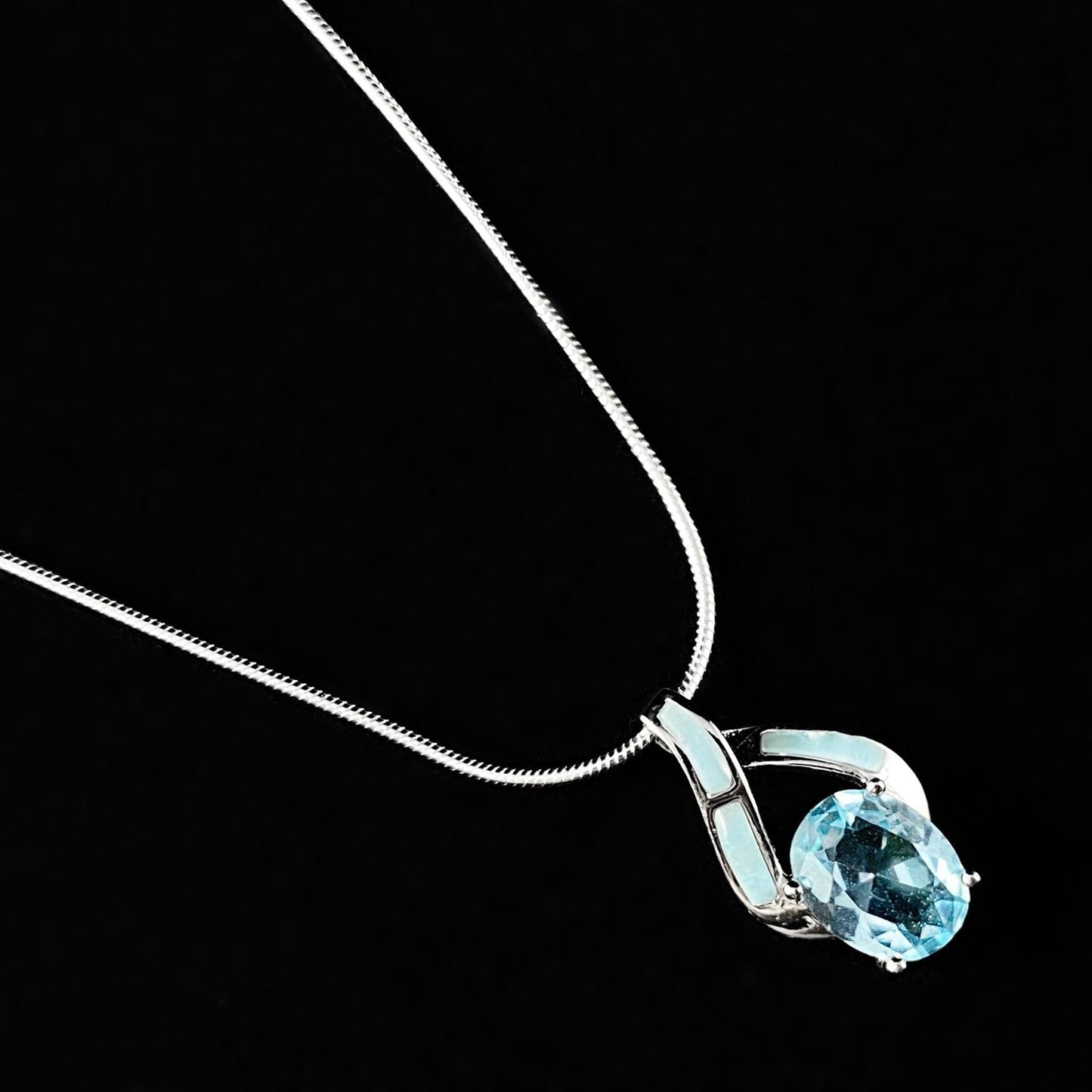 Sterling Silver Necklace with Natural Larimar Stone and Aquamarine