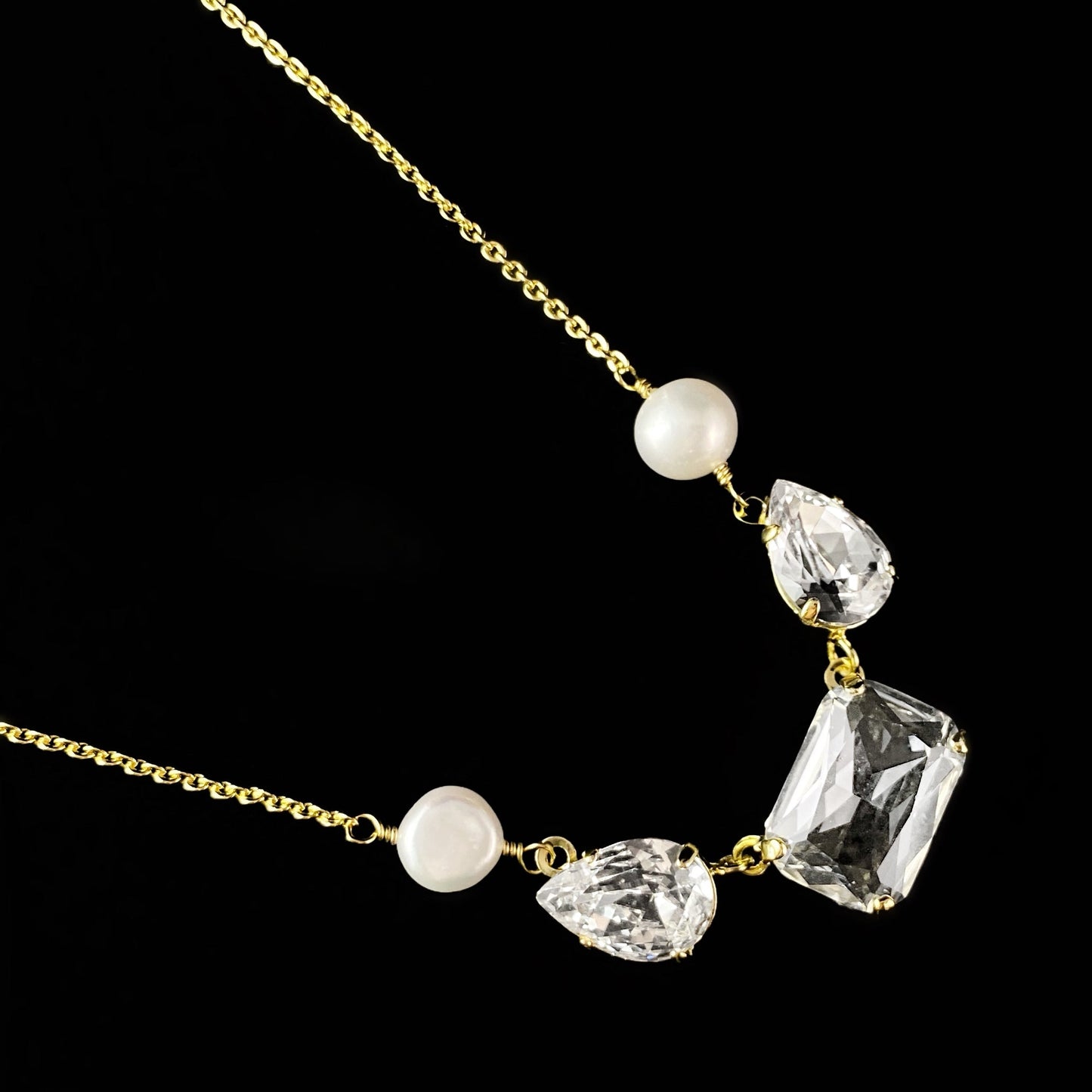 Emerald and Pear Cut Clear Crystal and Freshwater Pearl
