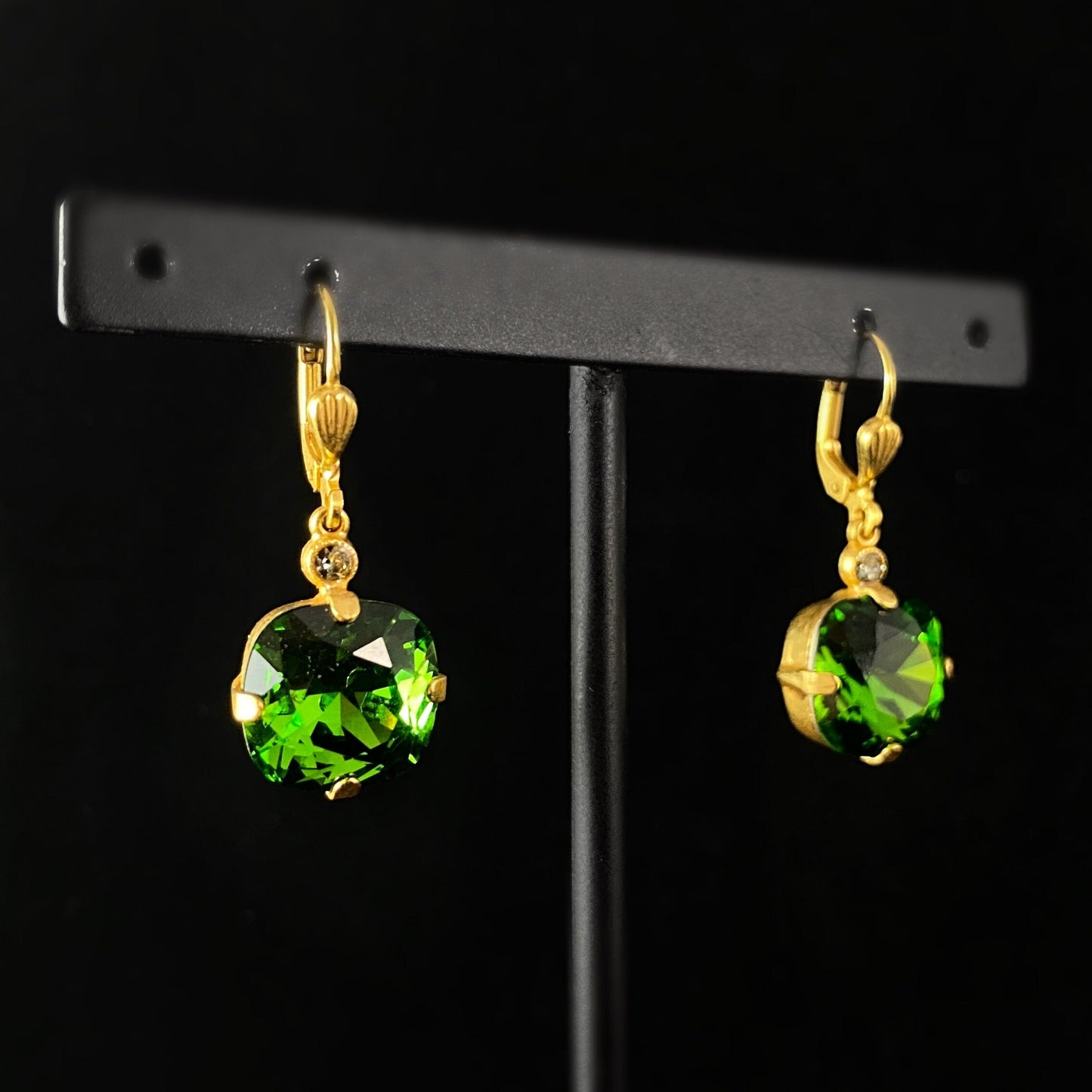 Emerald Green Cushion Cut Swarovski Crystal Drop Earrings- La Vie Parisienne by Catherine Popesco