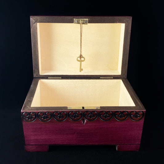 Floral Medallion Jewelry Box with Footed Base and Key, Handmade Hinged Wooden Treasure Box