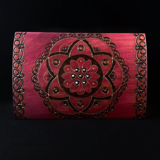 Floral Medallion Jewelry Box with Footed Base and Key, Handmade Hinged Wooden Treasure Box