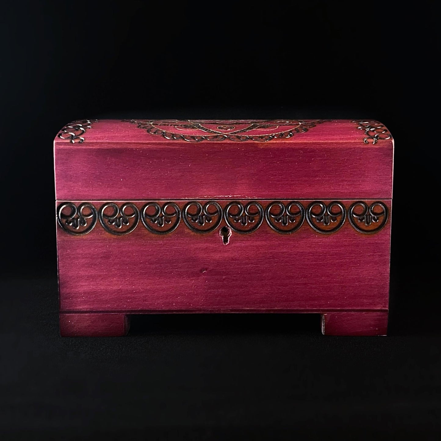 Floral Medallion Jewelry Box with Footed Base and Key, Handmade Hinged Wooden Treasure Box