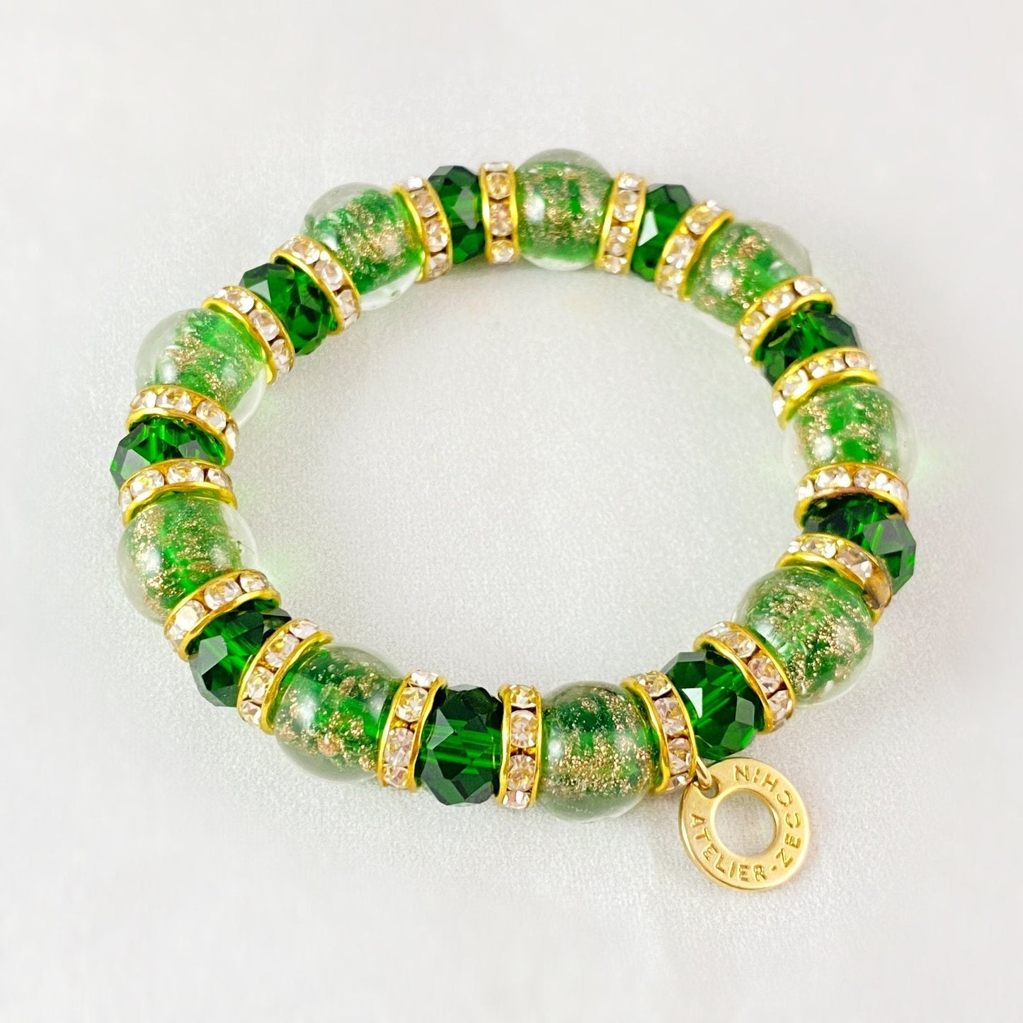 Forest Green Beaded Venetian Glass Bracelet - Handmade in Italy, Colorful Murano Glass