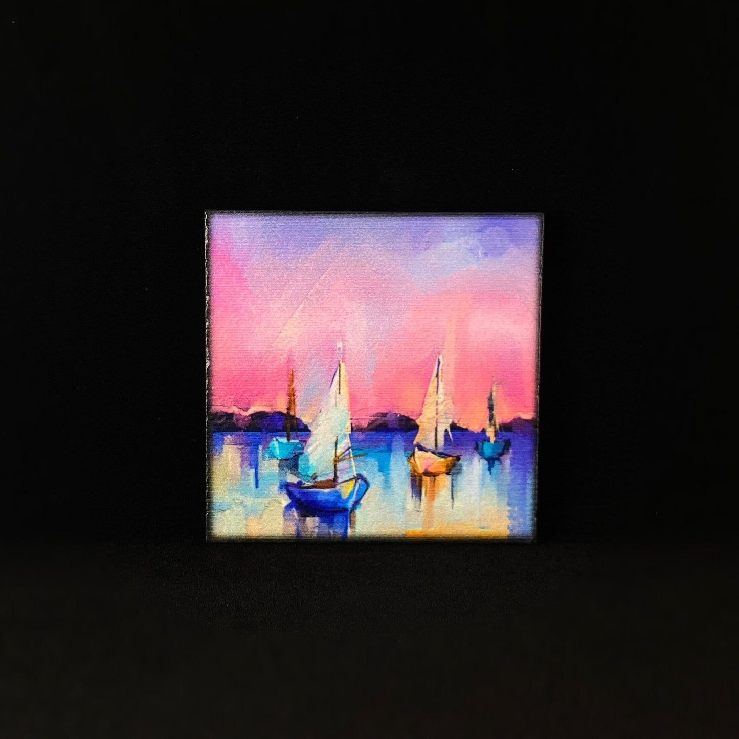 Four Sailboats At Sunset, Art Block Coaster- Unique Home/Office Decor