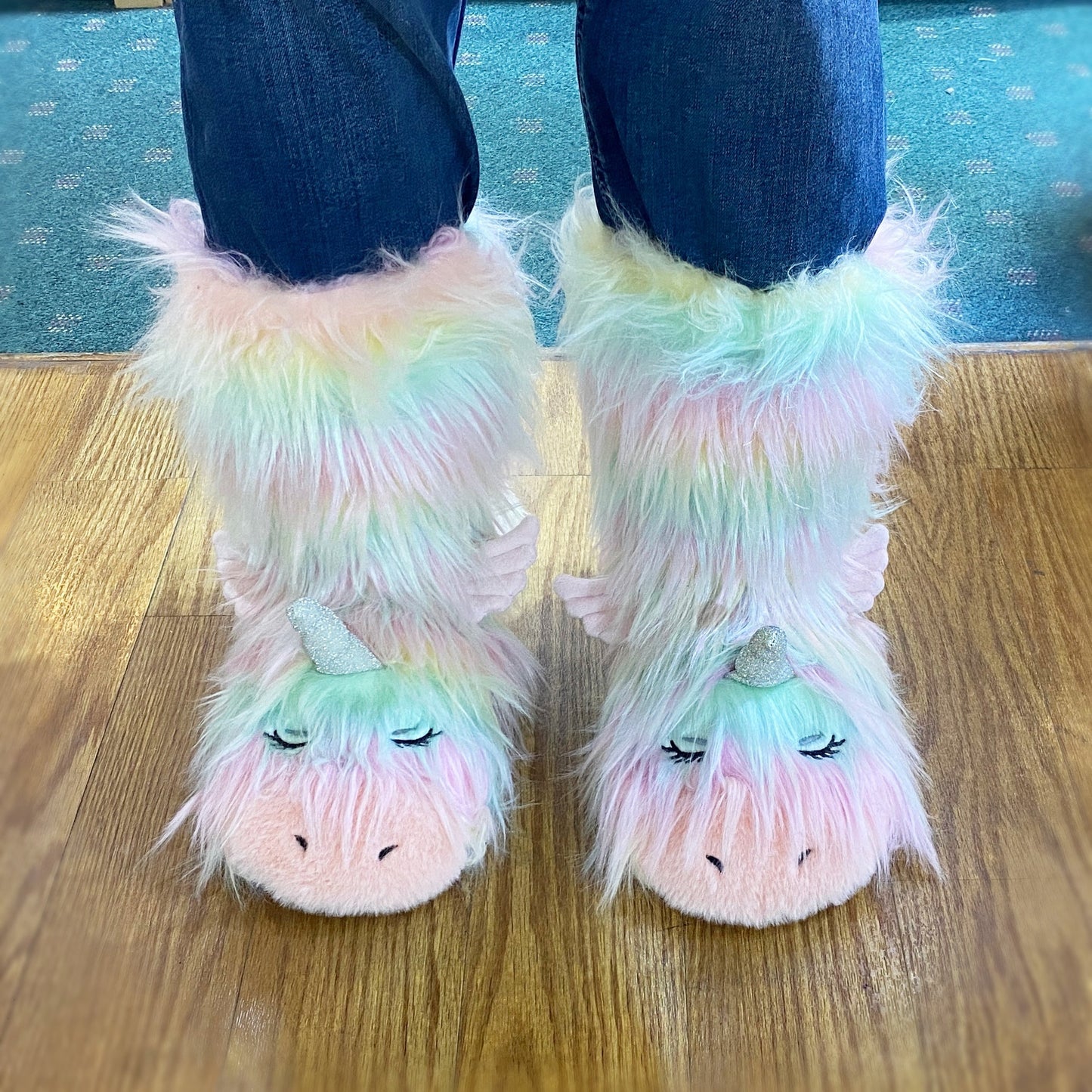 Fuzzy Cozy Warm Rainbow Unicorn Slippers - Plush Slipper