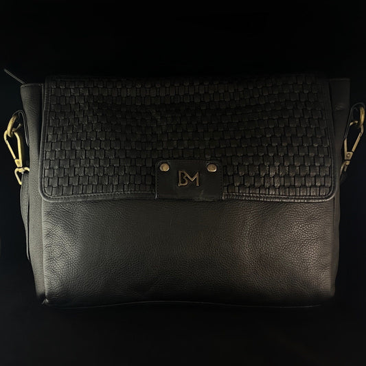 Genuine Italian Leather Handbag - Black, Woven Detail