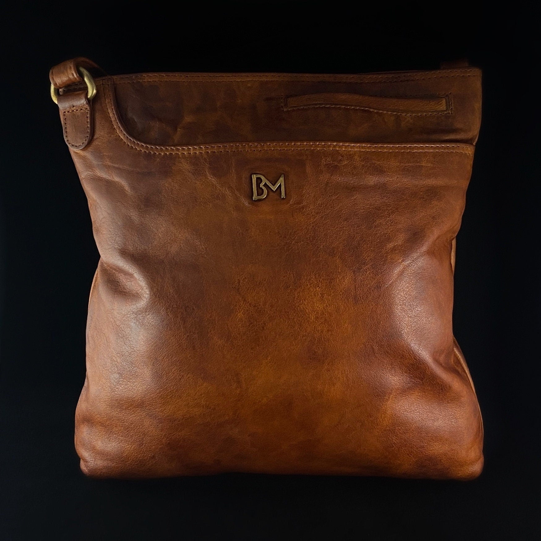 Genuine Italian Leather Handbag - Cognac Brown, Curve Pocket