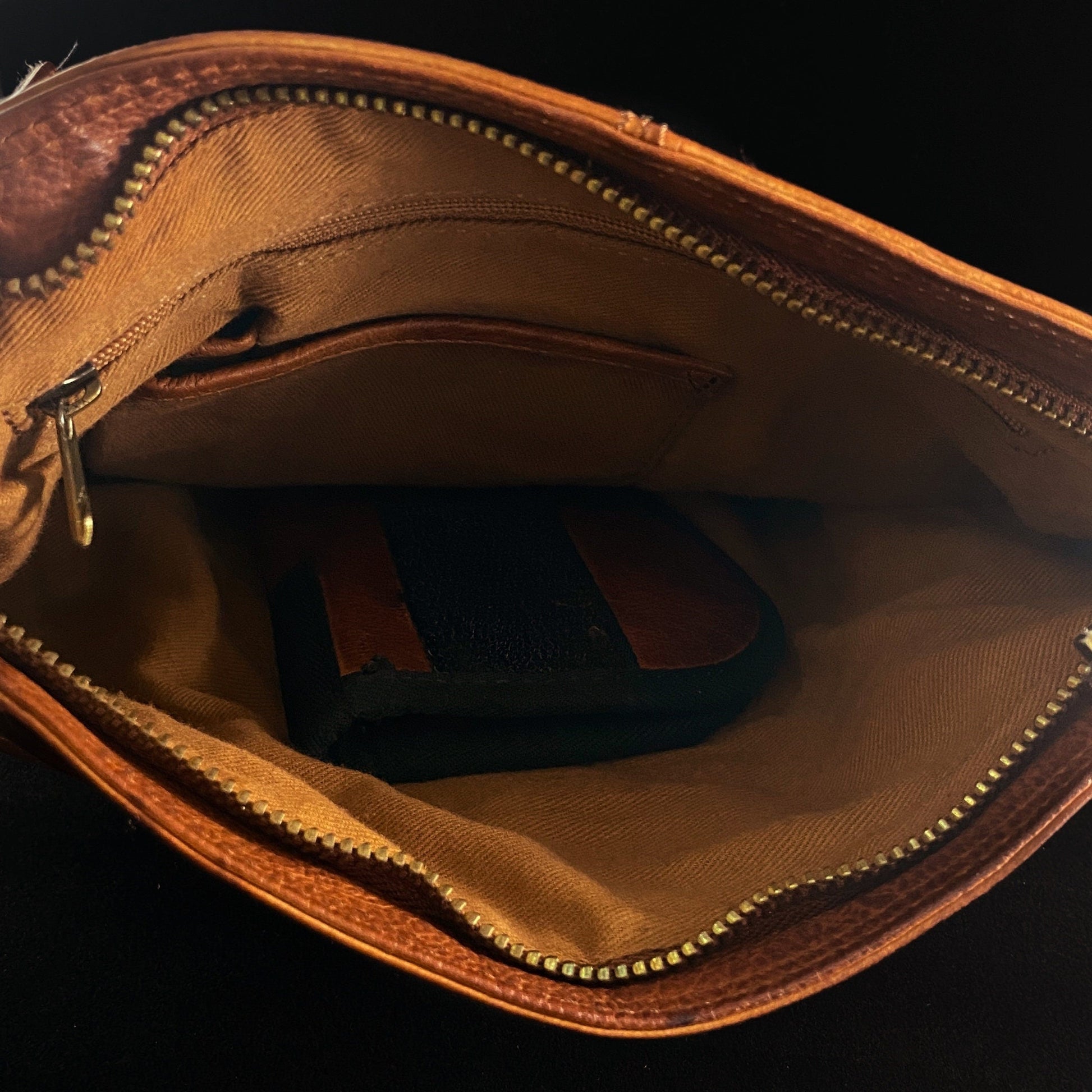 Genuine Italian Leather Handbag - Cognac Brown, Curve Pocket