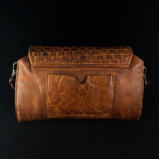 Genuine Leather Handbag - Cognac Brown, Woven Detail