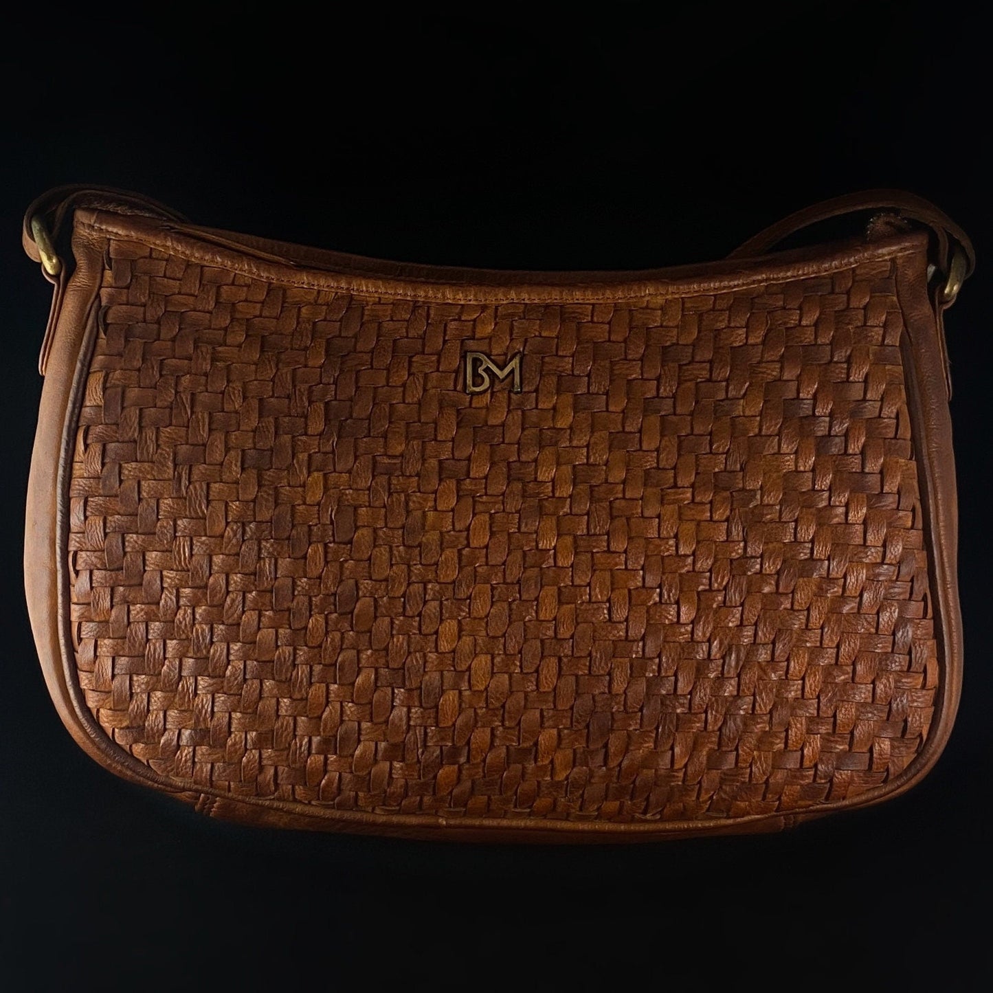 Genuine Leather Handbag - Cognac Brown, Woven Front