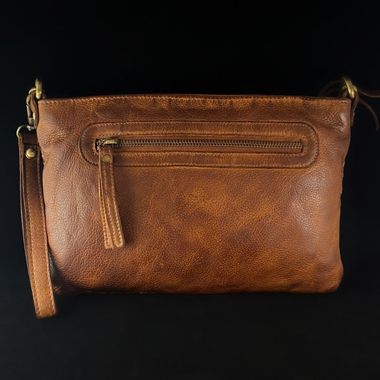 Genuine Leather Handbag - Cognac Brown, Woven Front