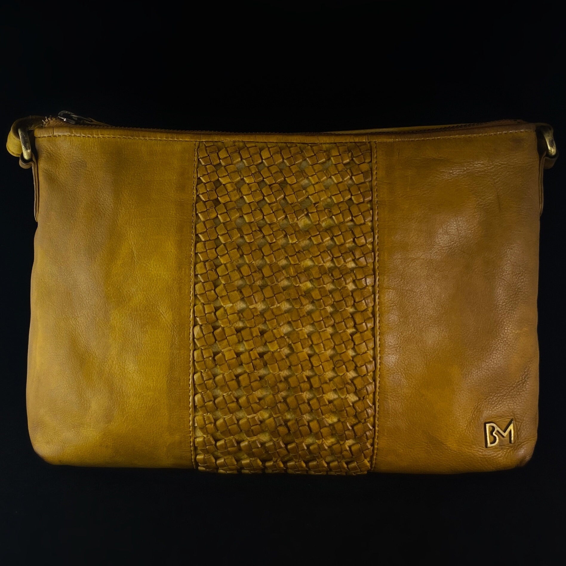 Genuine Italian Leather Handbag - Mustard, Open Weave Detail