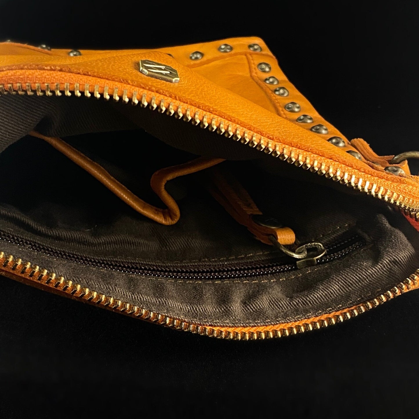 Genuine Italian Leather Handbag - Orange, Stud Detail