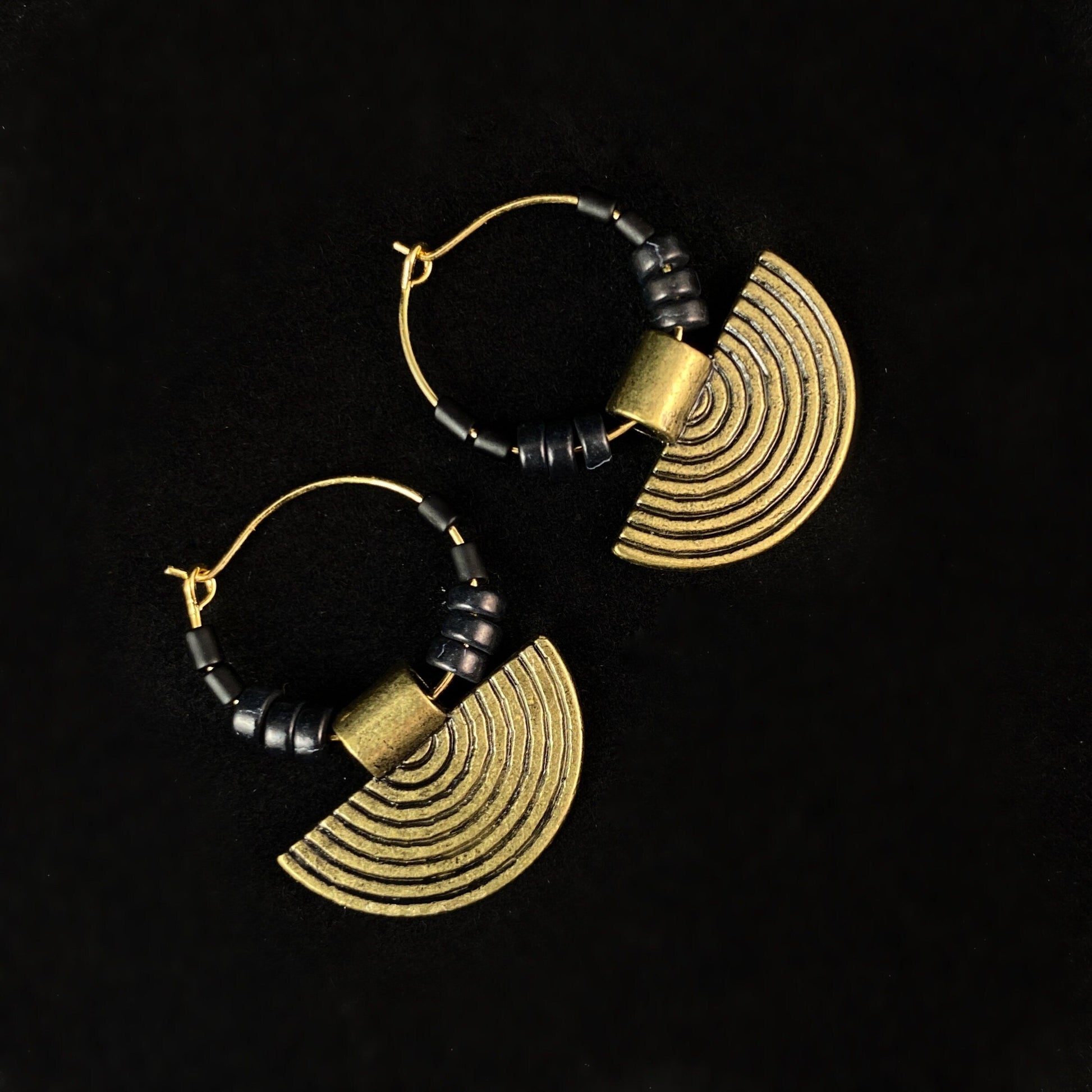 Gold and Black Statement Hoop Earrings - 18kt Gold Over Brass with Magnesite Beads, David Aubrey Jewelry