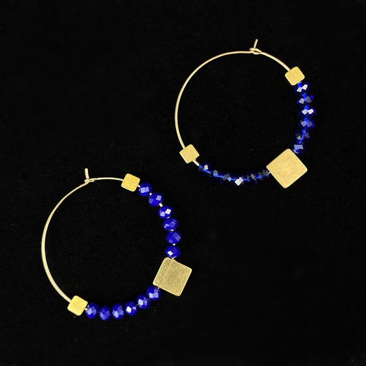 Gold and Blue Statement Hoop Earrings - 18kt Gold Over Brass with Blue Glass Beads, David Aubrey Jewelry