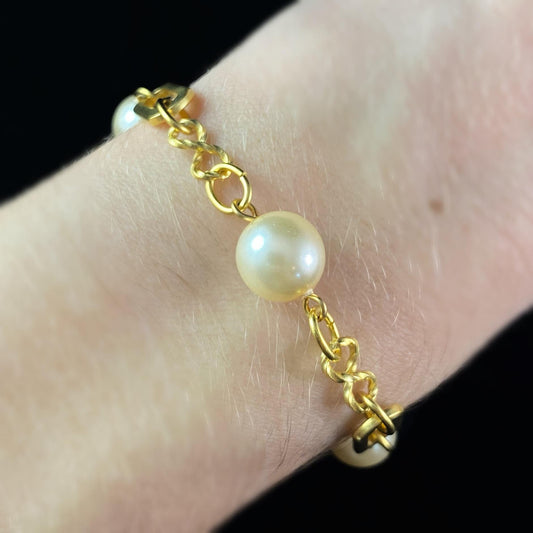 Gold Chain Link and Pearl Bracelet - La Vie Parisienne by Catherine Popesco