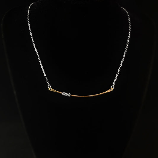 Gold Curved Bar Necklace with Silver Coils, Handmade - Recycled Materials