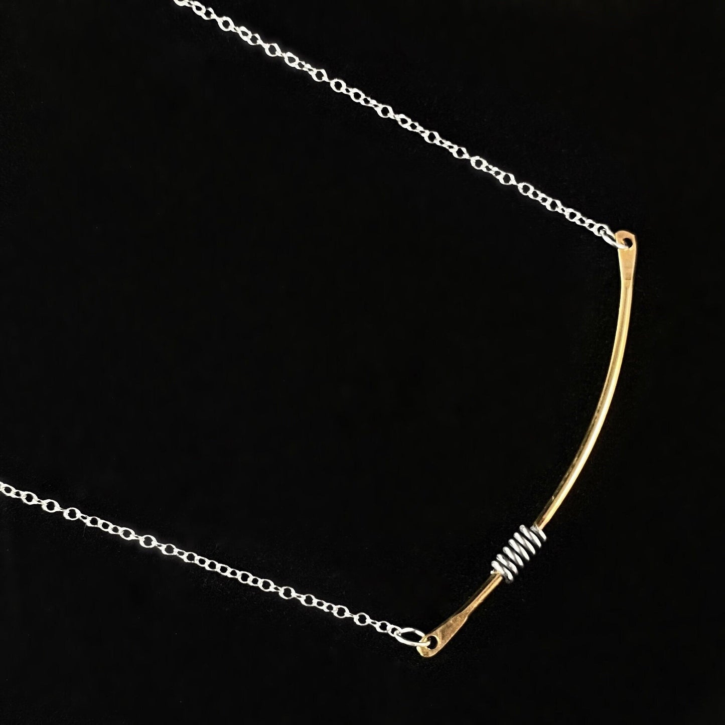 Gold Curved Bar Necklace with Silver Coils, Handmade - Recycled Materials