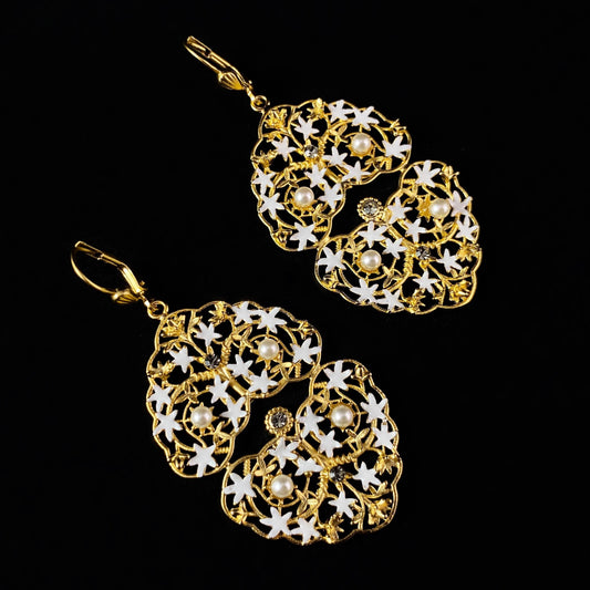 Gold Double Heart Earrings with Pearls - La Vie Parisienne by Catherine Popesco