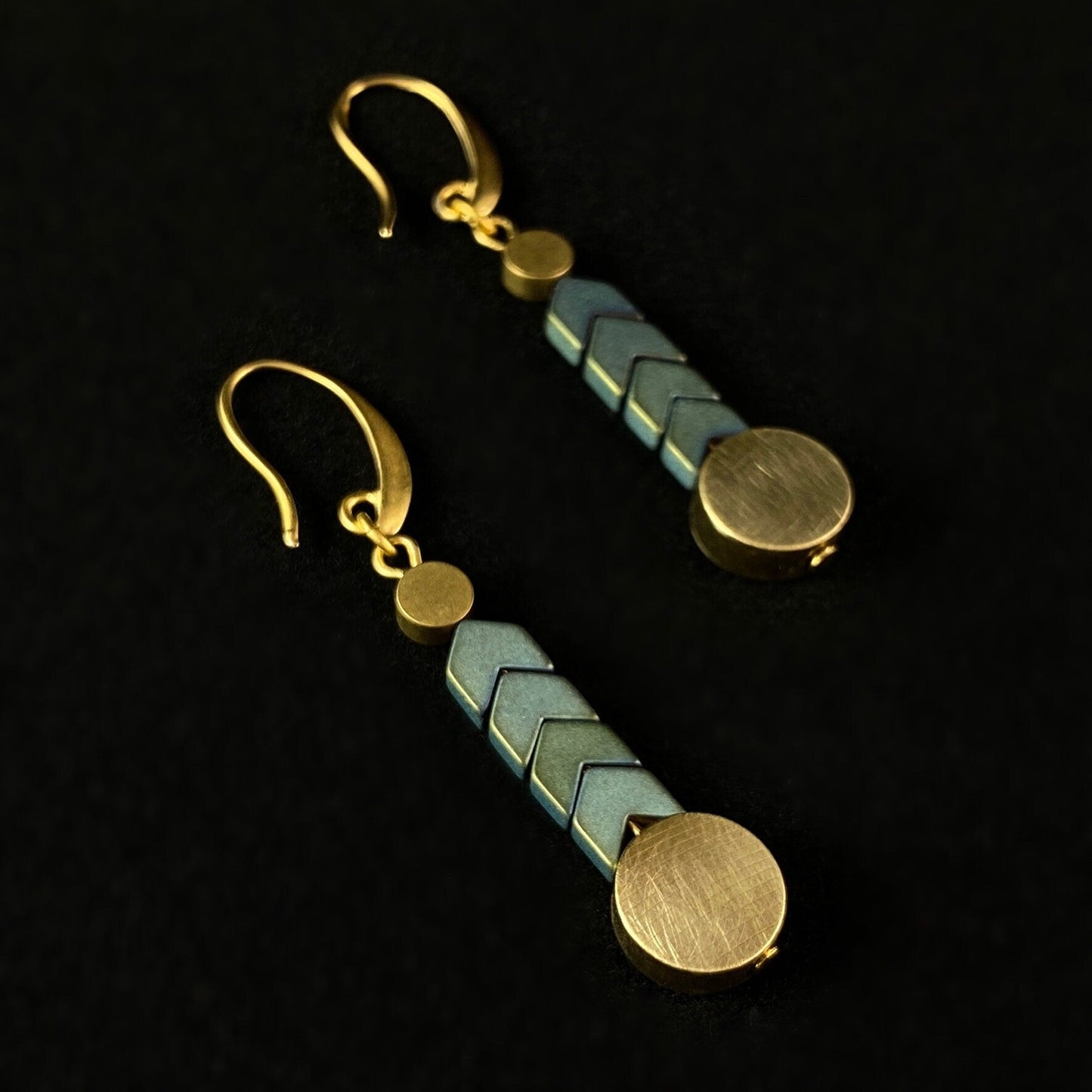 Gold Geometric Art Deco Drop Earrings - 18kt Gold Over Brass with Green Hematite, David Aubrey Jewelry