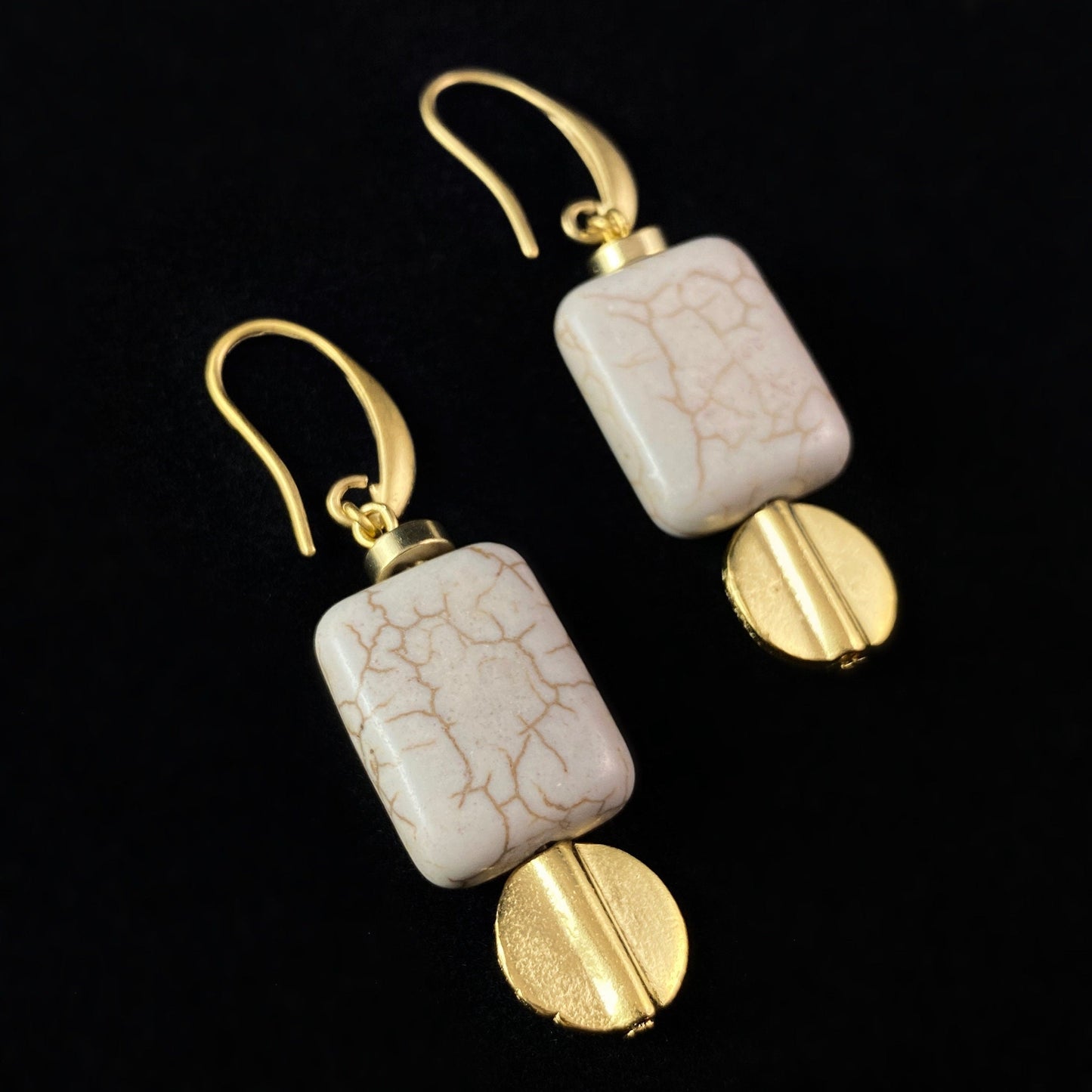 Gold Geometric Art Deco Drop Earrings - 18kt Gold Over Brass with Magnesite, David Aubrey Jewelry