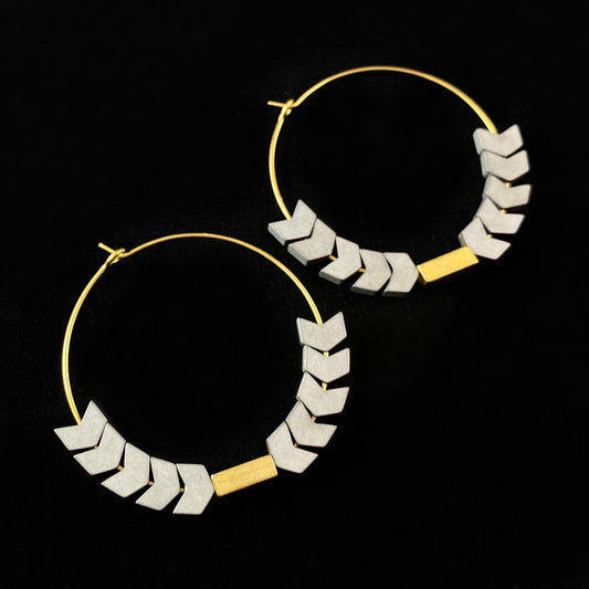 Gold Geometric Art Deco Hoop Earrings - 18kt Gold Over Brass with Chevron Hematite Beads, David Aubrey Jewelry