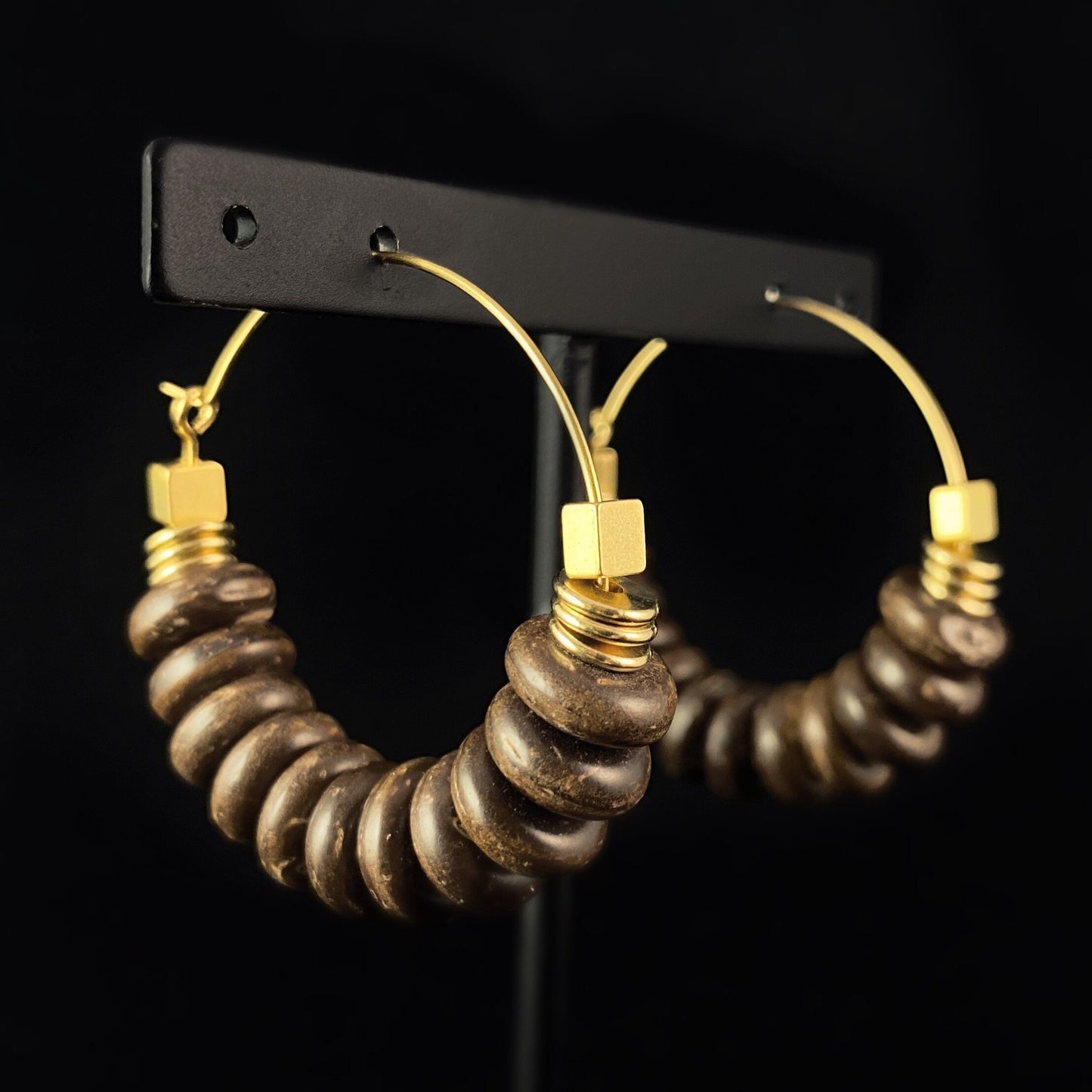 Gold Geometric Art Deco Hoop Earrings - 18kt Gold Over Brass with Coco Wood Beads, David Aubrey Jewelry