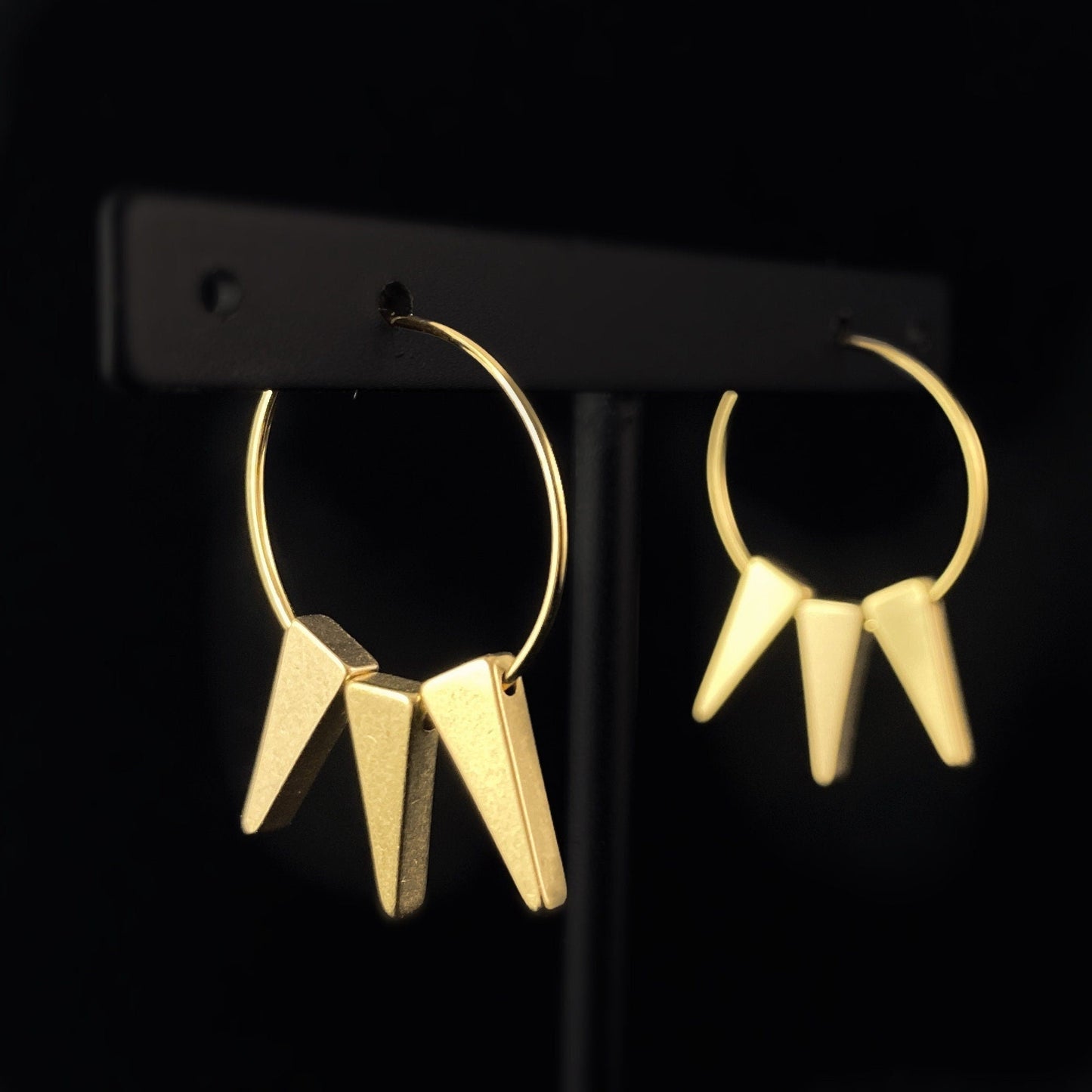 Gold Geometric Art Deco Hoop Earrings - 18kt Gold Over Brass with Triangle Spike Beads, David Aubrey Jewelry