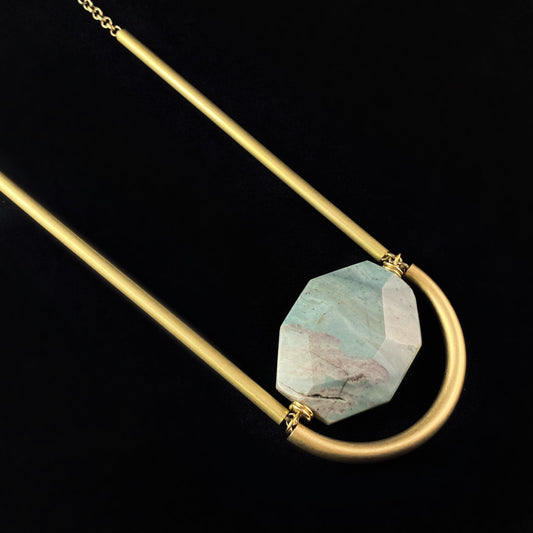 Gold Geometric Art Deco Pendant Necklace - 18kt Gold Necklace with Large Jasper Statement Stone, David Aubrey Jewelry