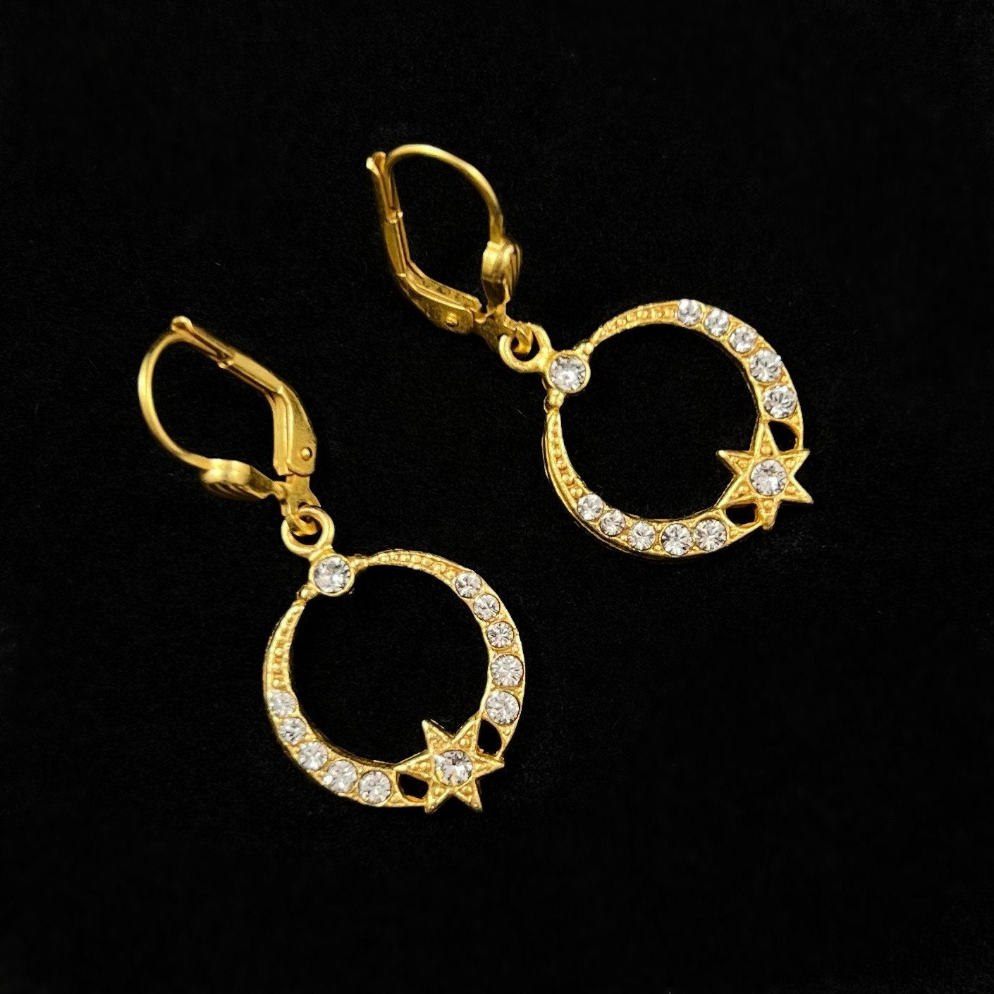 Gold Star Swarovski Crystal Drop Earrings with Crystal Detailing- La Vie Parisienne by Catherine Popesco