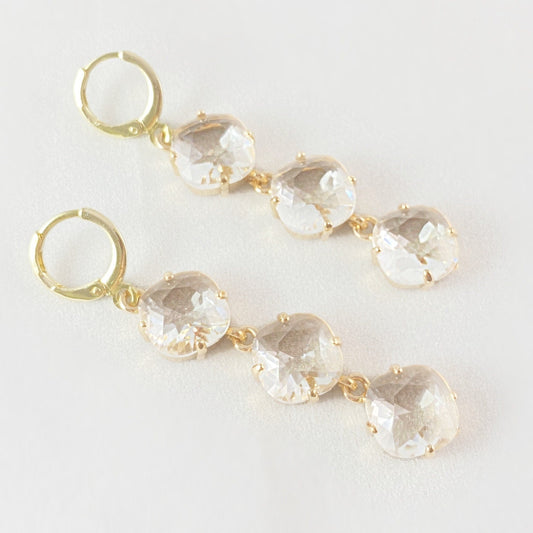 Gold Triple Swarovski Crystal Earrings, Clear - VBC