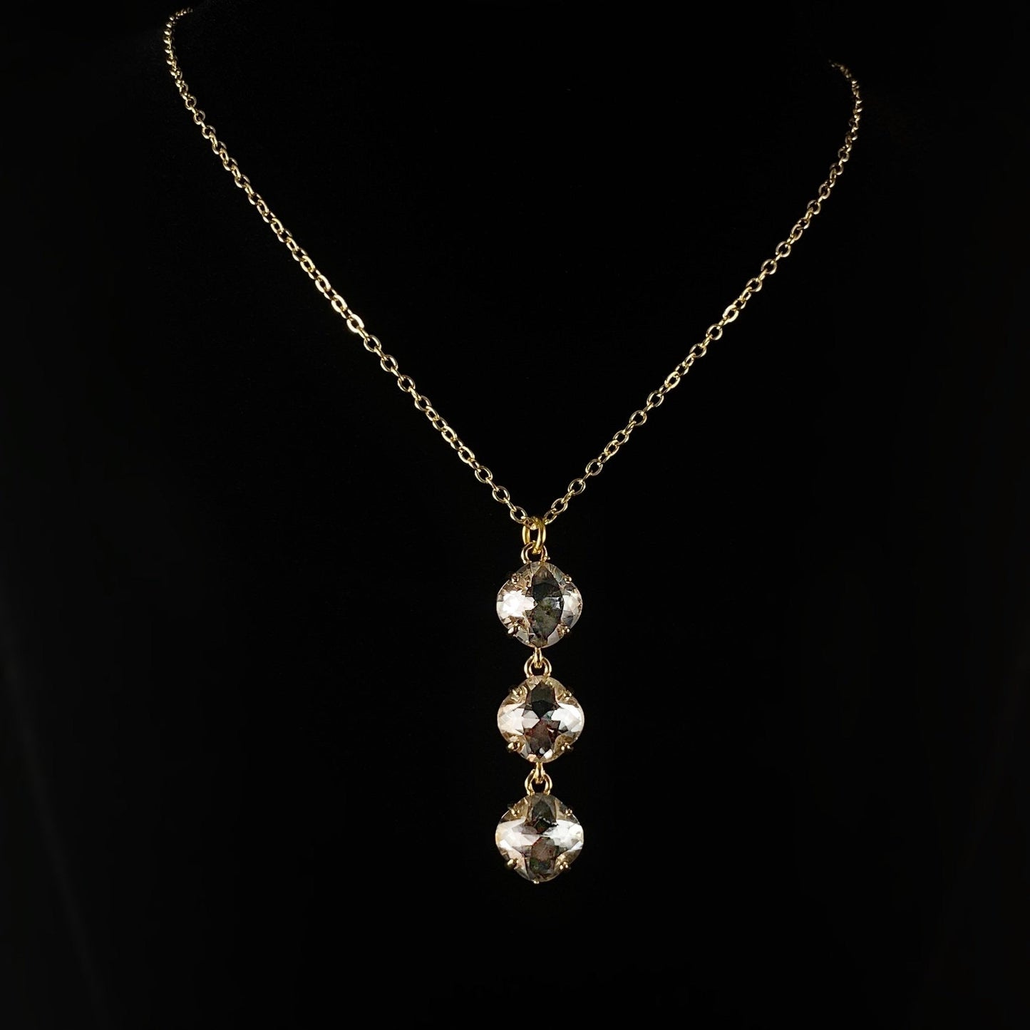 Gold Triple Swarovski Crystal Necklace, Clear - VBC