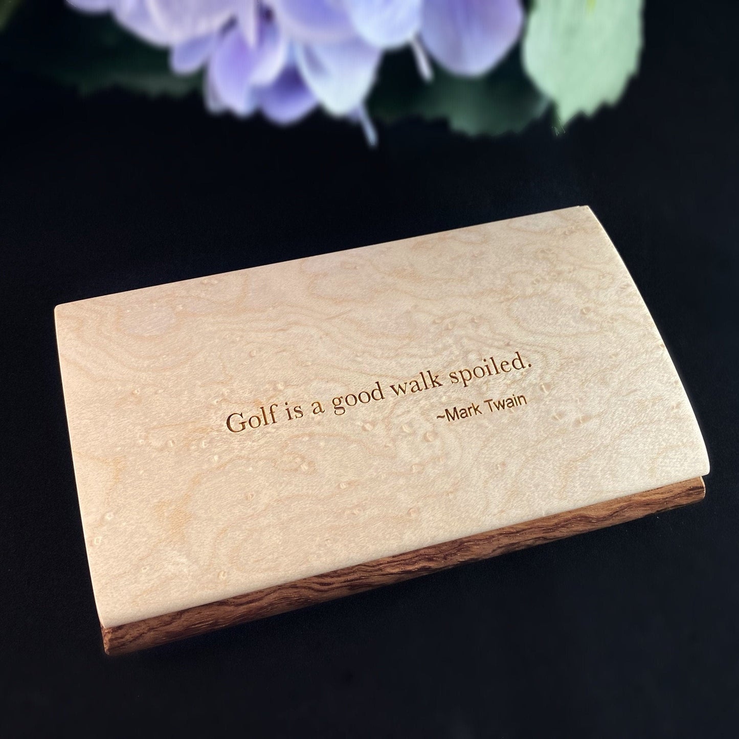 Golf is a Good Walk Spoiled Quote Box, Handmade Wooden Box with Birdseye Maple and Bubinga, made in USA