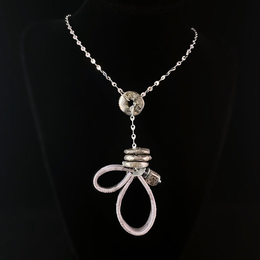 Gray Marbled Ceramic Bead Lariat Chain Necklace with Italian Suede Pendant, Nickel Free