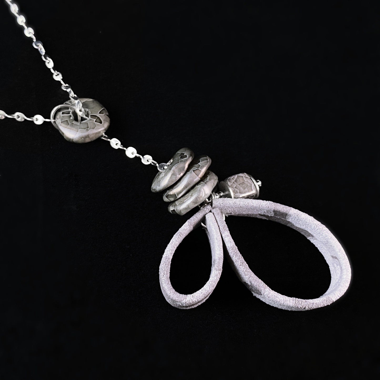 Gray Marbled Ceramic Bead Lariat Chain Necklace with Italian Suede Pendant, Nickel Free