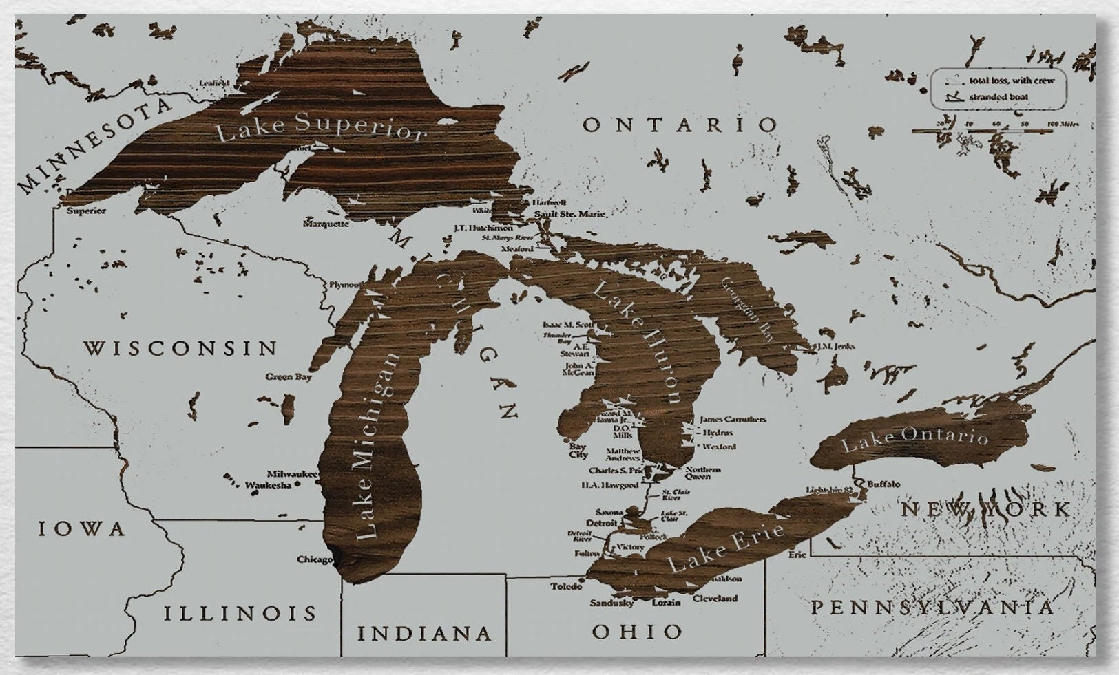 Great Lakes Wood Map Art, Great Lakes Picture