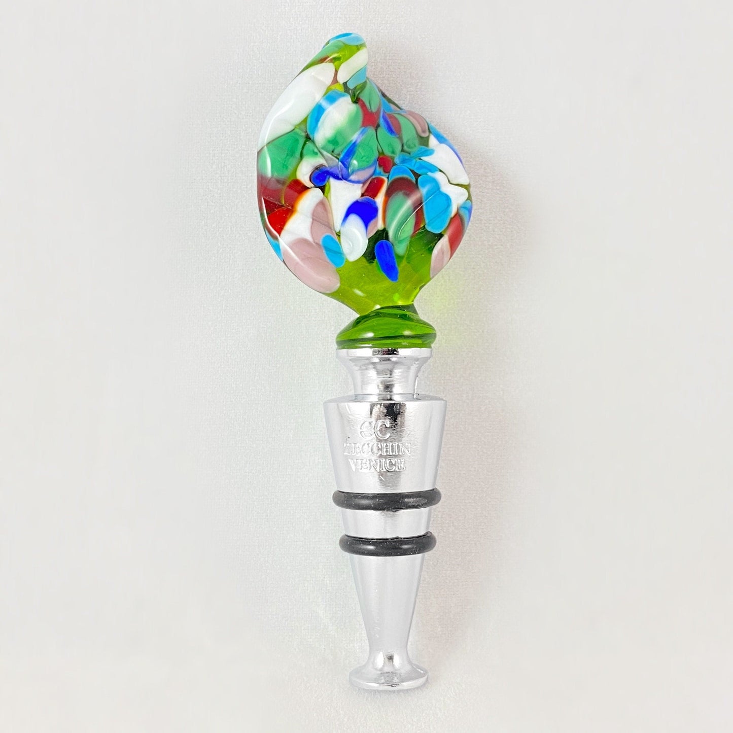 Green Feather Top Venetian Glass Bottle Stopper - Handmade in Italy, Colorful Murano Glass