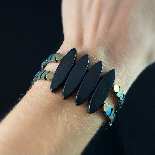 Green Hematite and Black Magnesite Ellipse Bracelet - Geometric Art Deco Style - David Aubrey Jewelry