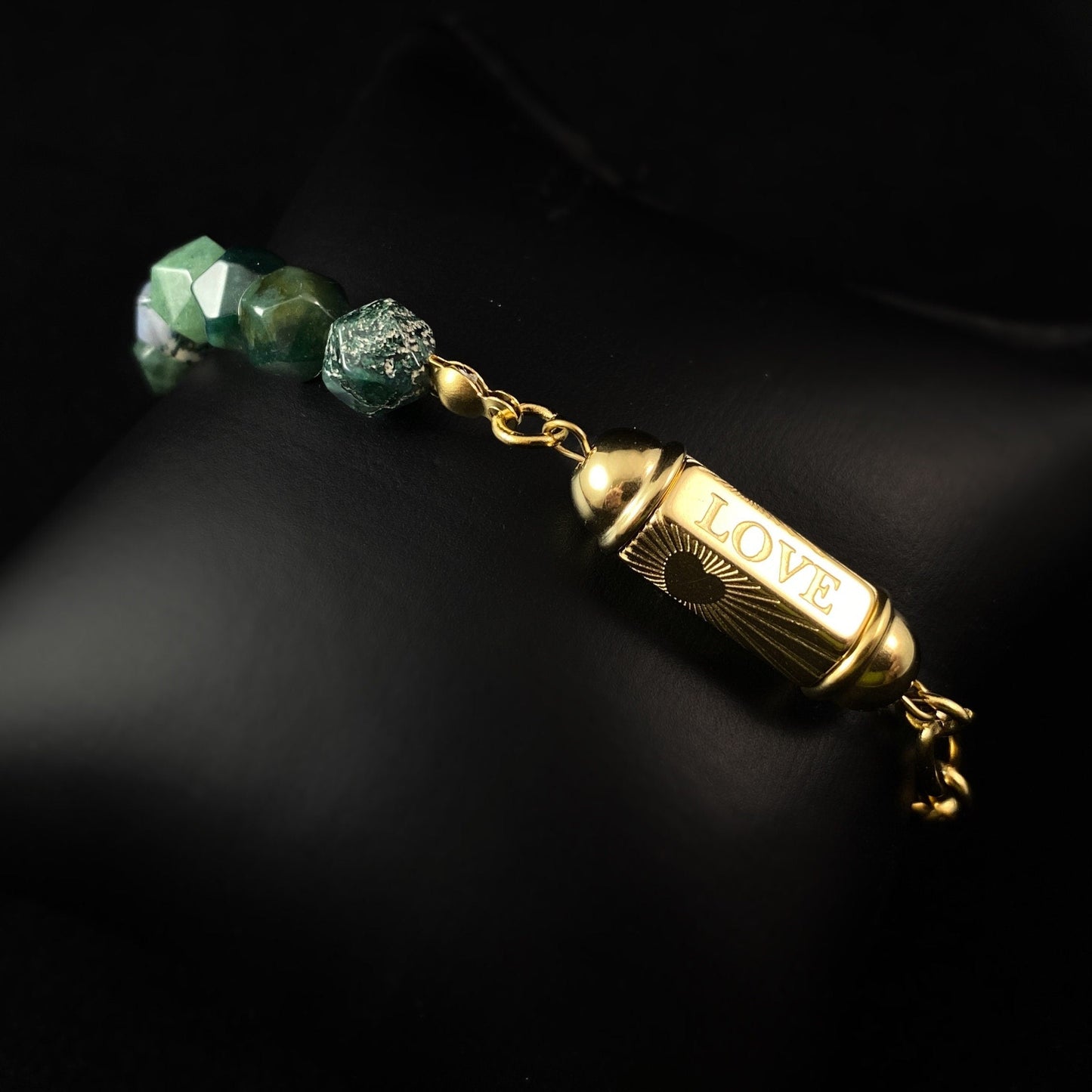 Green Natural Stone Bracelet with Love Calligraphy and Dainty Gold Heart Detailing