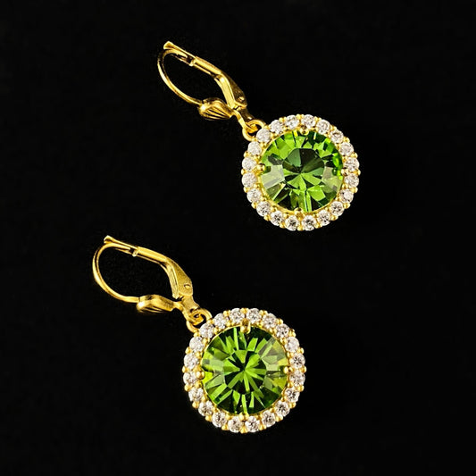 Green Round Cut Swarovski Crystal Drop Earrings with Tiny Crystal Border - La Vie Parisienne by Catherine Popesco