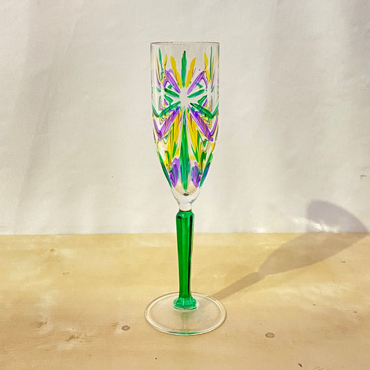 Green Stem Oasis Mardi Gras Venetian Glass Champagne Flute - Handmade in Italy, Colorful Murano Glass