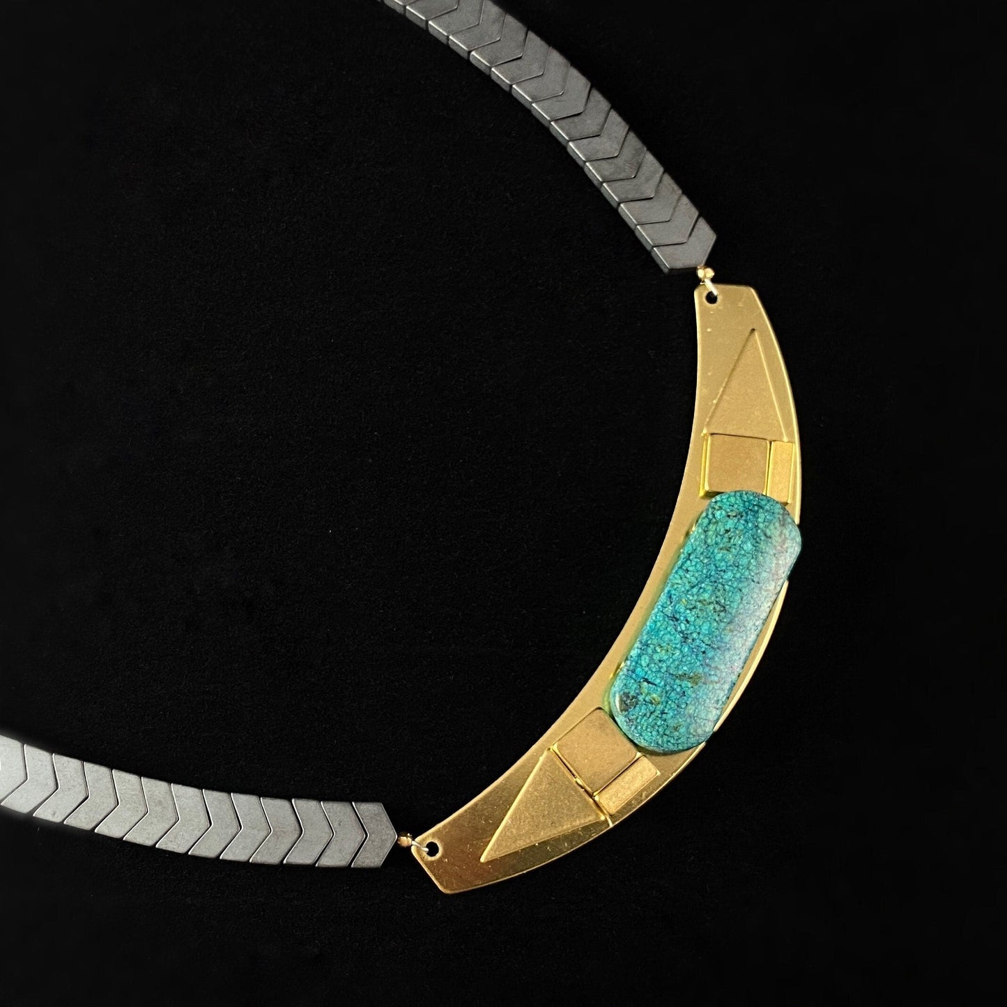 Green Turquoise and Brass Collar Necklace with Chevron Beads - Geometric Art Deco Style - David Aubrey Jewelry