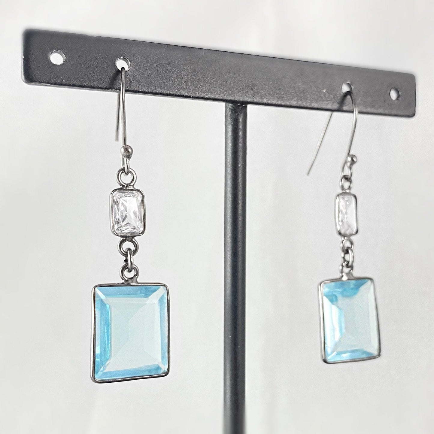 Gunmetal Rectangle Blue Swarovski Crystal Earrings - VBC