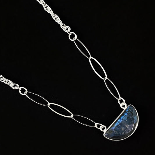 Half Circle Labradorite Silver Chain Necklace, Handmade in USA - Avaasi