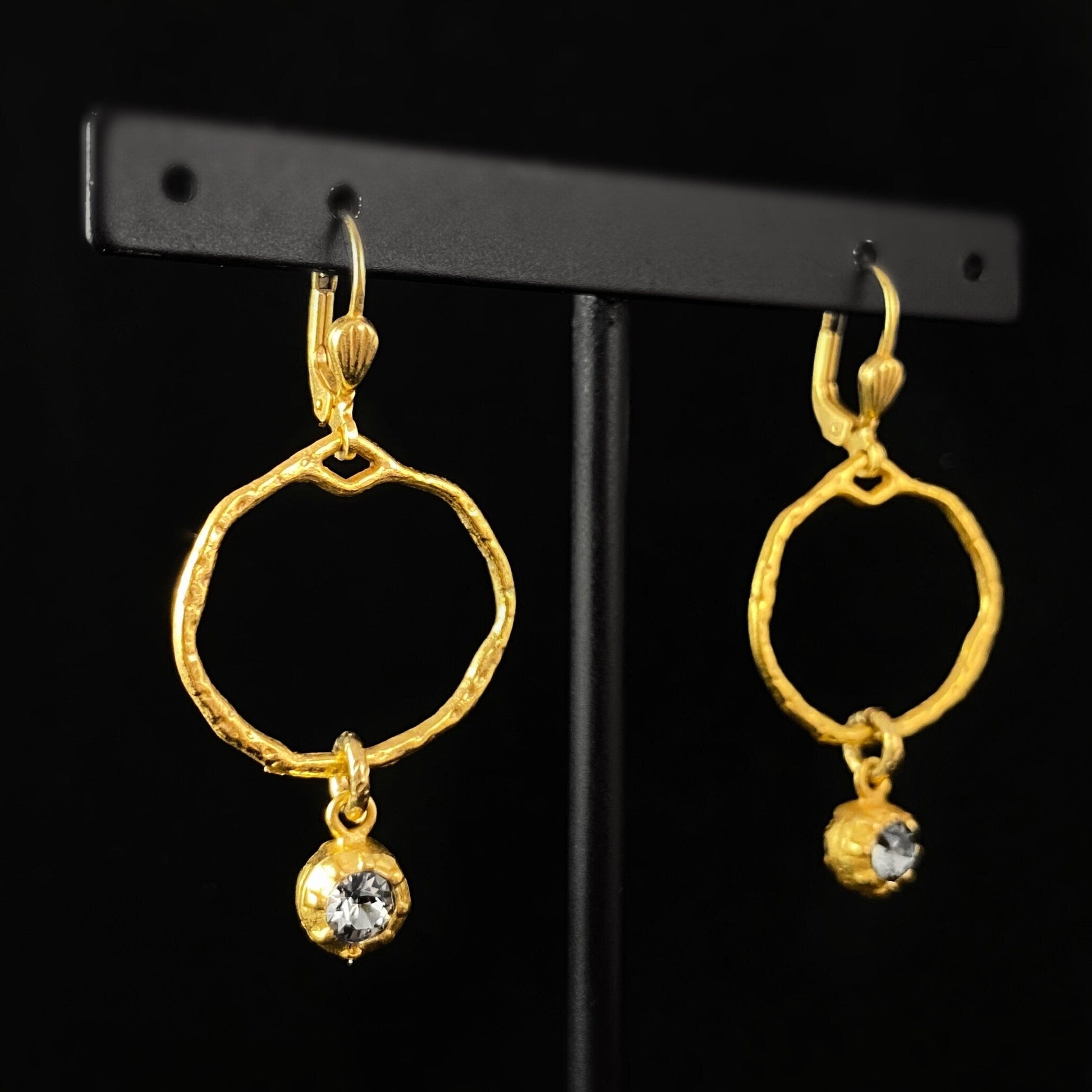 Hammered Gold Hoop with Smoky Clear Swarovski Crystal Earrings - La Vie Parisienne by Catherine Popesco