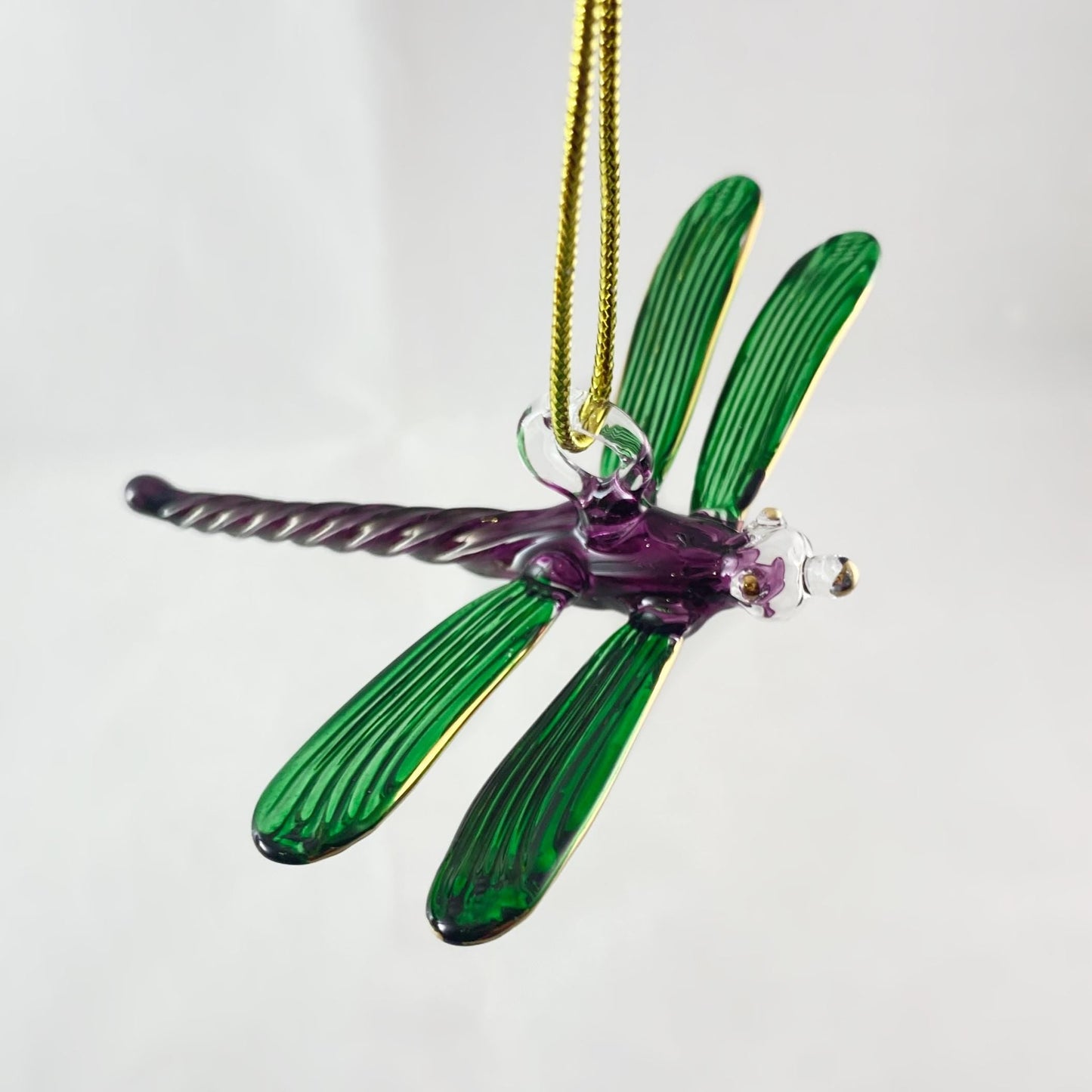 Hand Blown Glass Dragonfly Ornament - Green/Purple