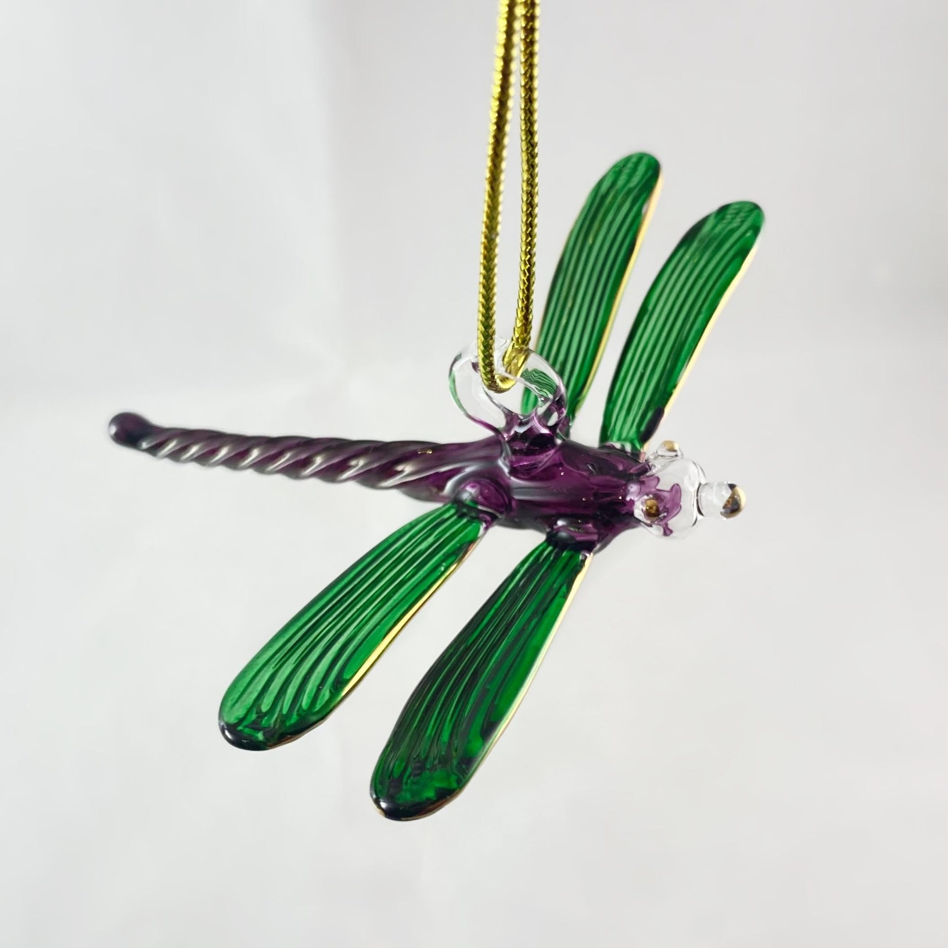 Hand Blown Glass Dragonfly Ornament - Green/Purple