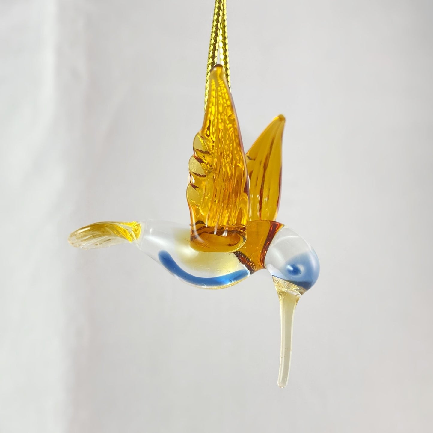 Hand Blown Glass Hummingbird Ornament - Honey/Blue