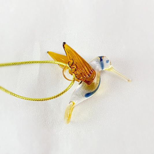 Hand Blown Glass Hummingbird Ornament - Honey/Blue